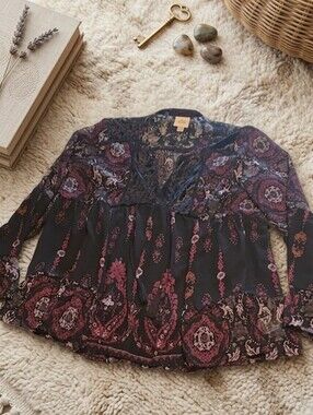 Knox Rose Black Blouse with Purple Paisley Print